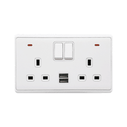 LONDON DOUBLE SOCKET 2P BUTTON SWITCH NEON+USB WH